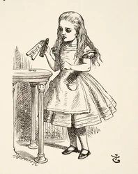 Alice schaut auf die Trink-mich-Flasche, aus Alice im Wunderland von Lewis Carroll, veröffentlicht 1891